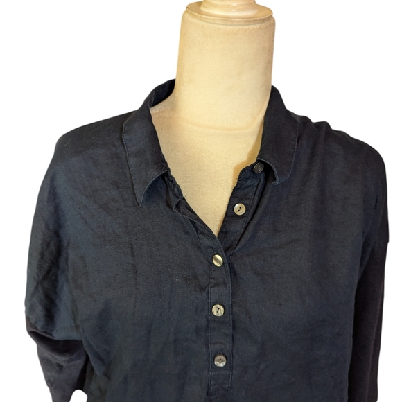 J.Jill Love Linen Navy Top Henley Flowy preppy Coastal Tunic Top Sz M - Picture 2 of 5